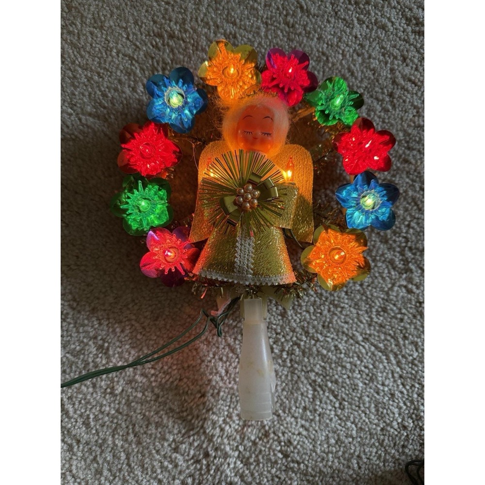 Vintage Light Up Angel Christmas Tree Topper Multi Colored